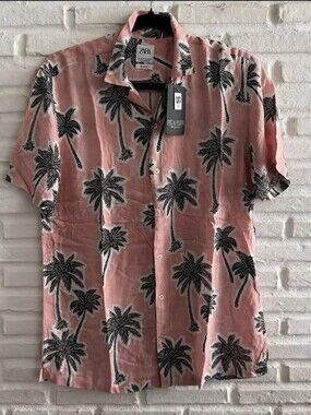 ZARA Pink/Black Tropical  Palm Tree Print Casual Short Sleeve Shirt Mens SZ L